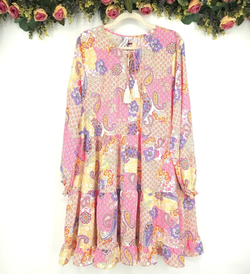 Grace + Karma Paisley and Floral Plus Size Tiered Long Sleeve Dress Size 1X NWT